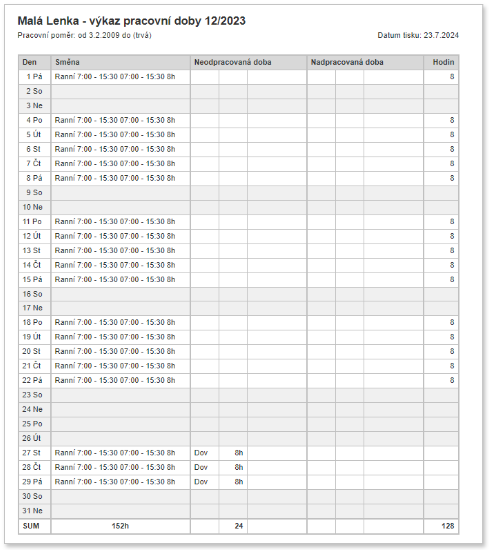 Výkaz pracovní doby